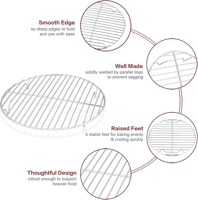 TeamFar Round Cooling Rack Set of 2, 10½ Inch Round Wire Baking Steaming Roasting Rack Set Stainless Steel, Healthy & Mirror Finish, Oven & Dishwasher Safe