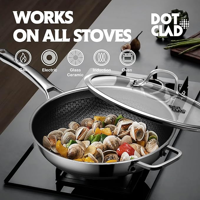 3-Piece Hybrid Stainless Steel Cookware Set-12 Inch Wok with Lid,10 Inch Frying Pan,12 Inch Skillet with Lid-Non Stick,PFOA Free,Dishwasher&Oven Safe,Induction Compatible