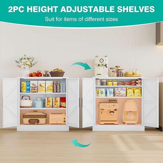 White Storage Cabinet with Doors and Adjustable Shelves,36" Farmhouse Food Pantry Cabinets,Small Sideboard Cabinet,Short Metal Storage Cabinets for Home Kitchen,Dining/Living/Laundry/Room