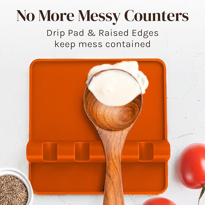 Orange Silicone Spoon Rest for Stove Top with Drip Pad (Two Pack) - Heat Resistant BPA Free Utensil Rest & Spoon Holder for Kitchen Counter - Grill Utensil Holder - Spatula Holder, Tongs, Ladle