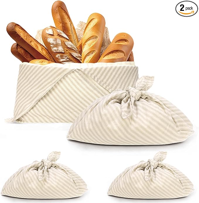 yeload 2 Pack Beeswax Bread Bags, Striped Linen Bento Bags, 14" Cotton Loaf Bag, Reusable Organic Food Storage, Sourdough Bag, Rustic Farmhouse Azuma Bukuro Origami Wrap for Baked Gifts (Beige, 2)
