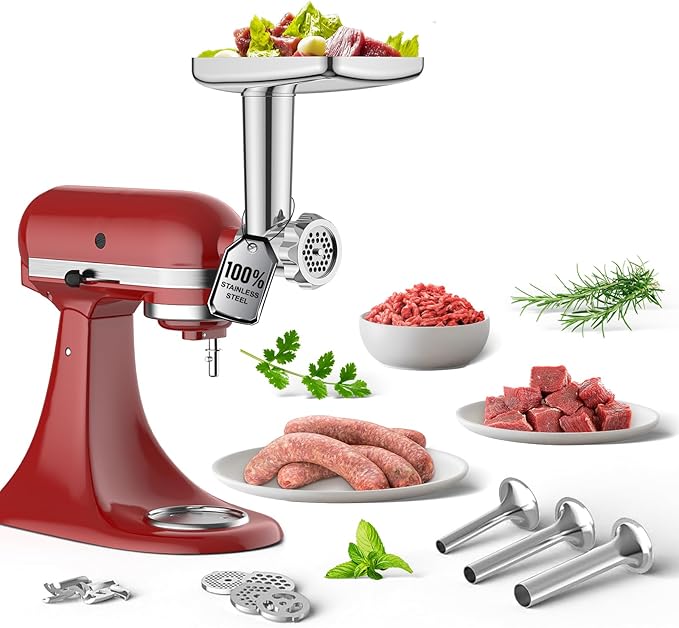 Stainless Steel Meat Grinder Attachment for KitchenAid Stand Mixer, Food Grinder attachment with 4 Grinding Plates, 3 Sausage Stuffer Tubes, 2 Grinding Blades, Mixers Accessories for Kitchen Aid