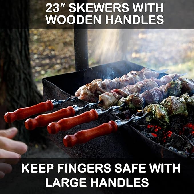 Premium BBQ Skewers with Wooden Handles 23.6" Shish Kabob Skewers Stainless Steel Long & Reusable Kabob Sticks Barbecue Skewers for Grilling Set of 10 Piece (10, 23.6 Inches)
