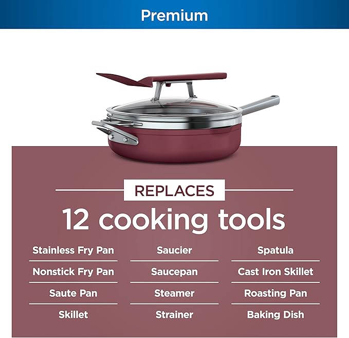 Ninja, Cookware, Steamer, Strainer Basket, Glass Lid and Spatula, Foodi NeverStick PossiblePan, Premium Set with 4-Quart Capacity Pan, Nonstick, Durable, Oven Safe Cookware, Cherry Tart, CW102RD