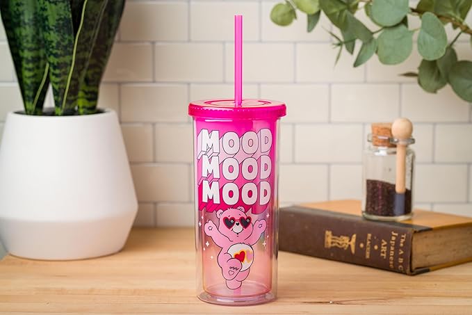 Silver Buffalo Care Bears Mood Plastic Tall Cold Cup with Lid and Straw Featuring Love-A-Lot Bear, 20 Ounces