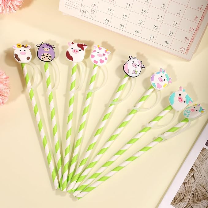 8 PCS Cute Straw Caps Compatible With Stanley 30&40 Oz Tumbler, Reusable Straw Toppers, Drinking Caps for 10 mm Tips (Dairy Cow Style)