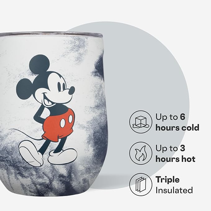 Corkcicle Stemless Insulated Wine Glass Tumbler - Keeps Beverages Cold 6 Hours & Hot 3 Hours - Stainless Steel - Easy-Grip - Summer Drinkware Gift - Keeps Drinks Ice Cold - 12 oz - Mickey Tie Dye