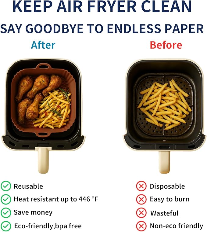 9 Inch Large Air Fryer Silicone Liners - 2 PCS Square Reusable AirFryer Basket Liners for 5-8QT Air fryer, Air fryer Accessories for Baking Roasting Microwave (Black + Brown)