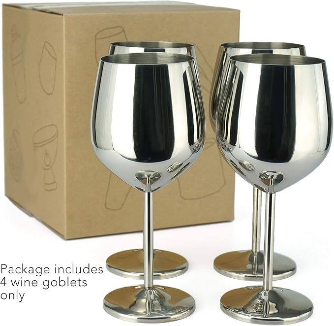 PG Set of 4 Stainless Steel Wine Glass - 18.5oz Silver Mirror Finished Wine Glasses - Unbreakable Wine Glasses - Stem Metal Wine Goblets