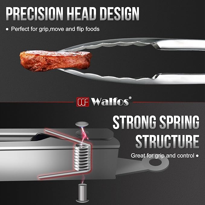 Walfos Kitchen Tongs for Cooking, 600℉ Heat Resistant Stainless Steel Tongs, All Metal Heavy Duty Tongs For Food ,BBQ Grilling - 7 ，9 and 12 Inch ,Set of 3