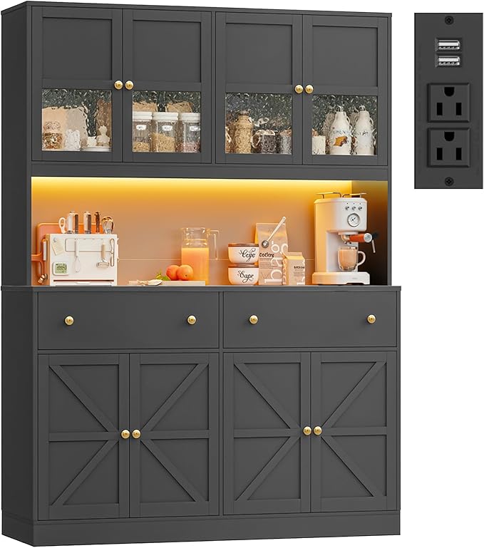 FINETONES 71" Pantry Cabinet with LED Light and Charging Station, Farmhouse Kitchen Pantry Cabinet with Microwave Stand, 47.2" Wide Kitchen Hutch Food Pantry with Open Countertop, Black