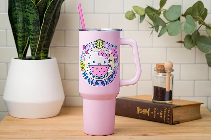 Silver Buffalo Sanrio Hello Kitty Summer Kawaii Fruits Stainless Steel Tumbler with Handle, Fits in Standard Cup Holder, 40 Ounces
