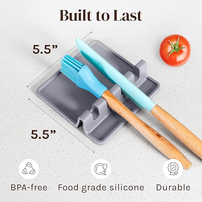 Silicone Spoon Rest for Stove Top with Drip Pad (2 Pack) - Heat Resistant BPA Free Utensil Rest & Kitchen Spoon Holder for Kitchen Counter - Grill Countertop - Spatula Holder, Tongs, Ladle - Gray