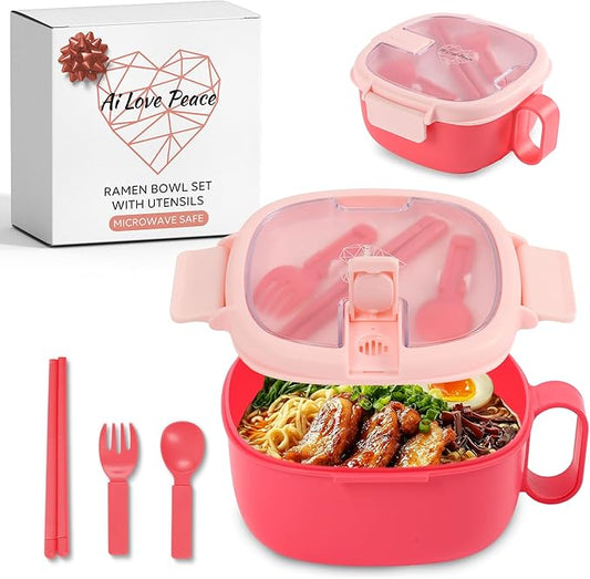 AI LOVE PEACE Microwavable Ramen Bowl with Lid - Leakproof Noodle Container with Built-In Utensils, BPA-Free, Dishwasher & Freezer Safe [Bright Pink]