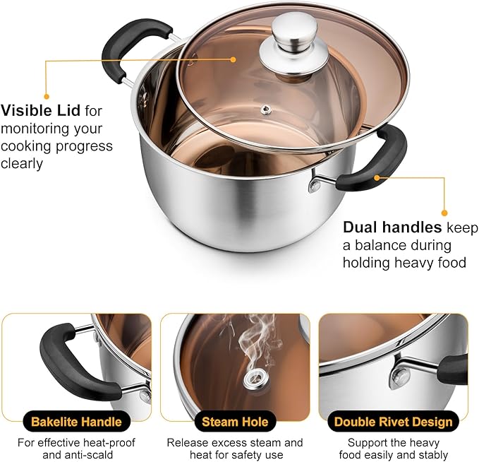6 Quart Stock Pot with Lid, P&P CHEF Stainless Steel Cooking Pot Stockpot for Soup and Pasta, Heat-proof Handle & Glass Lid, Dishwasher Safe & Non Toxic