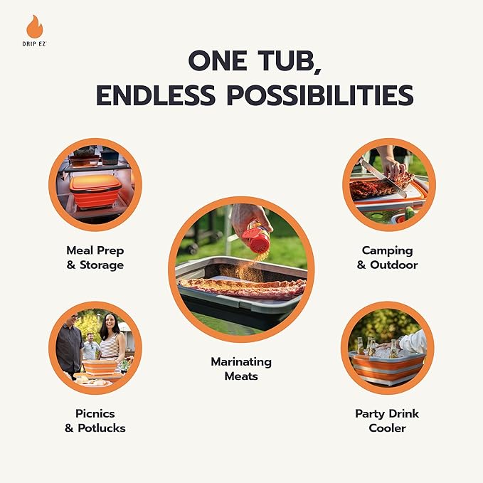 Drip EZ Collapsible BBQ Prep Tubs 3-Piece Set - For Meal Prep Marinating Food Storage - Includes Cutting Board & Lid - (1) JR + (1) OG + (1) XL - Sandstone