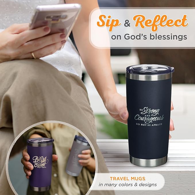 Christian Art Gifts Large Stainless Steel Scripture Tumbler Travel Mug for Men & Women: Strong & Courageous Inspirational Bible Verse, Double-wall Vacuum Insulated & Lid, Hot/Cold, Navy Blue, 18 oz.