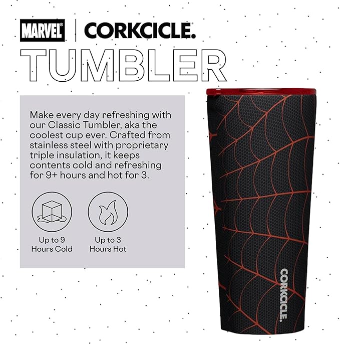Corkcicle Marvel Tumbler - Insulated Stainless Steel Travel Cup - Cold & Hot Drinks - Reusable - Durable - Spill Proof Lid - Non-Slip Silicone Base - Easy Grip - BPA Free - 24 oz - Miles Morales