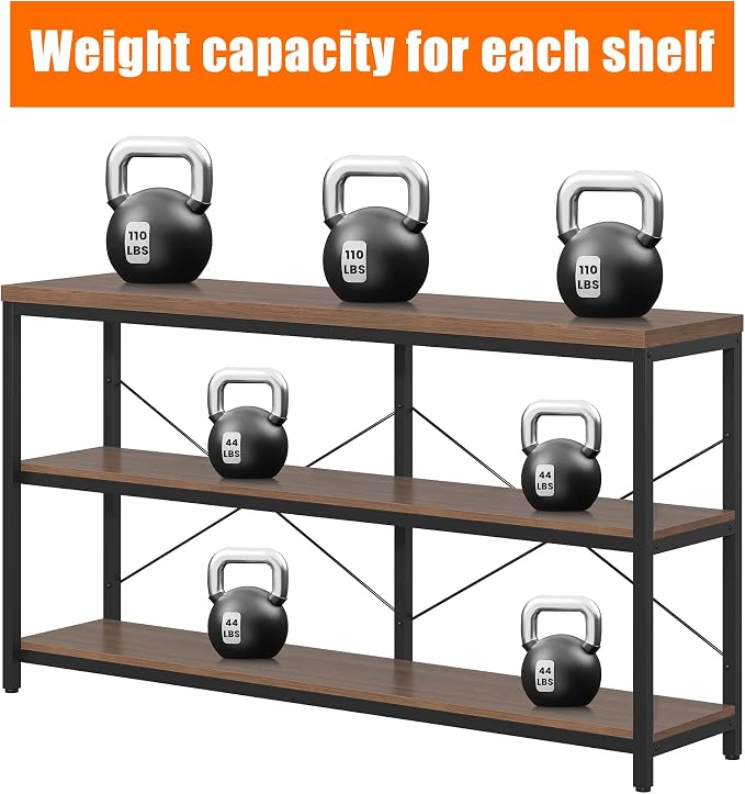 3-Tier Industrial Bookshelf, Wide Wood Horizontal Bookcase, Open Large Book - Image 6