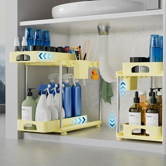 VERIFOST 2 Pack Under Sink Organizers and Storage, Height Adjustable Bathroom Cabinet Organizer, 2 Tier Under Sink Organizer with Hooks, Under Cabinet Organizer for Kitchen Bathroom (Yellow