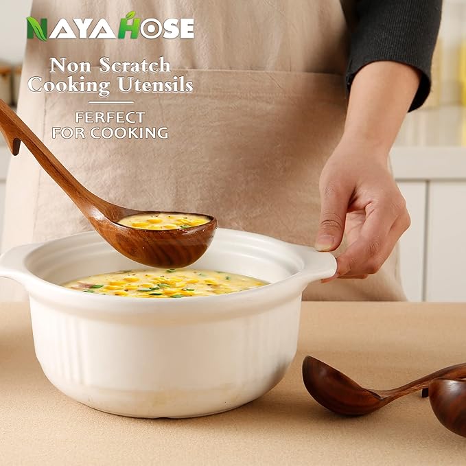 Wooden Ladle for Soup, 3Pcs Wooden Spoons for Cooking, Non-Stick Wood Spoon, Natural Teak Wood Cooking Spoons, Kitchen Utensils Spoons Set
