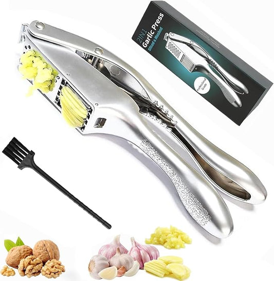 Garlic Press and Slicer 2 in 1, Rust Proof & Dishwasher Safe Professional Garlic Mincer Tool, Effortlessly Crush and Mince Garlic with this Ergonomic Handle-Garlic Slicer & Brush ANCQMI(Pear white)