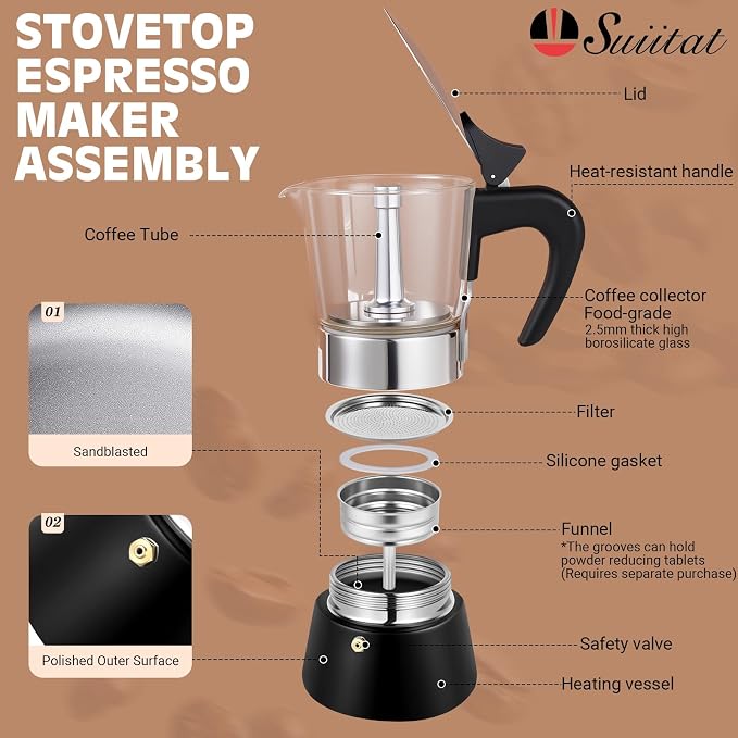 Induction Moka Pot, 9 Cups Crystal Glass-Top & Stainless Steel Moka Pot - Image 2