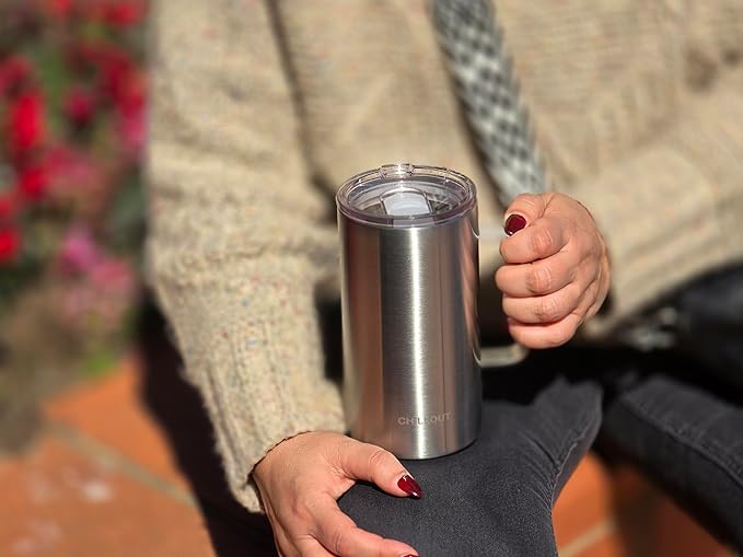 CHILLOUT LIFE Stainless Steel Vacuum Insulated Coffee Mug 16 oz (Set of 2) with Handle and Lid, Large Thermal Camping Coffee Mugs with Sliding Lid for Men & Women, Keeps Your Beverages Hot & Cold