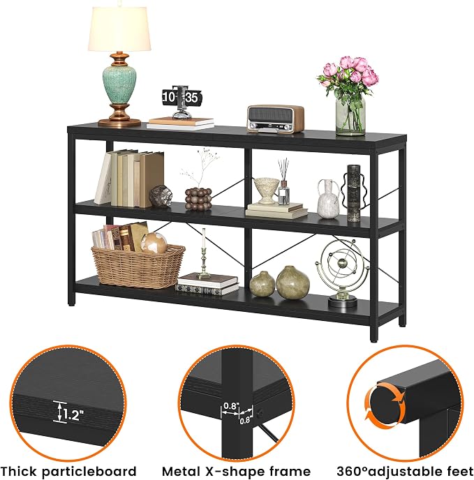 3-Tier Industrial Bookshelf, Wide Wood Horizontal Bookcase, Open Large Book - Image 7