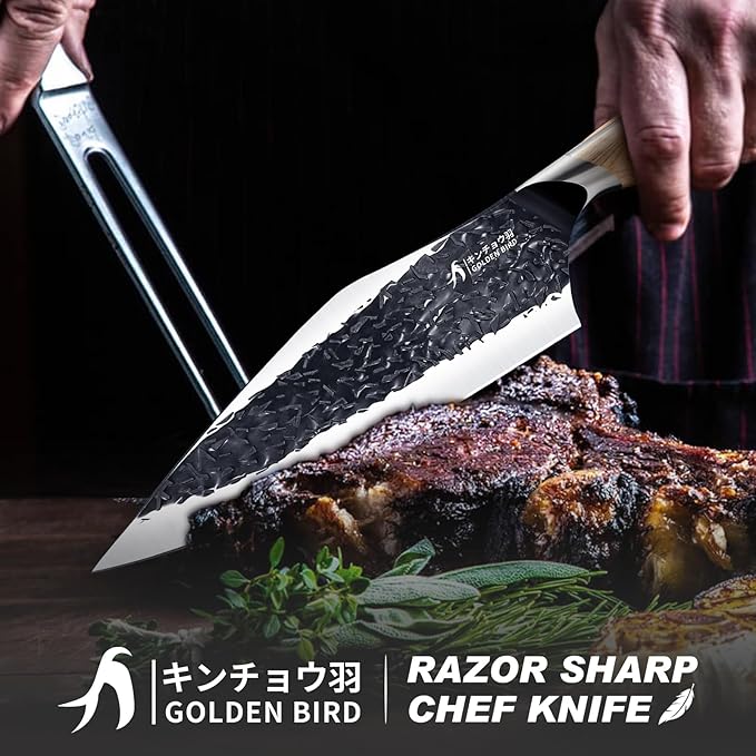 Golden Bird Meat Cleaver Knife - 8 Inch Viking Knife, Full Tang Butcher Knives for Meat Cutting, High Carbon Steel Cleaver with Ergonomic Wood Handle,Great for Outdoor Camping,Christmas Gifts for Men