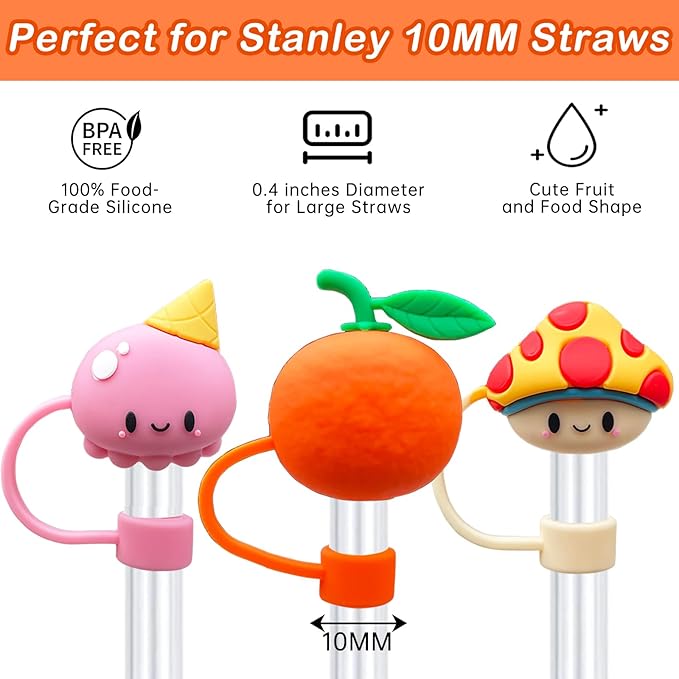 5PCS Straw Cover Cap for Stanley Cup, Silicone Cute Fruits & Food Straw Topper for Stanley 30&40 Oz Tumbler with Handle, 10mm 0.4in Dust-Proof Reusable Straw Tips Lids. (Color 7)