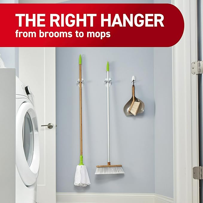 Command Broom and Mop Grippers, 3 Hangers and 6 Command Strips, Damage-Free Hanging Wall Mount Broom and Mop Holder, Household Cleaning Organizer for Christmas Decorations, Holds up to 4 lb
