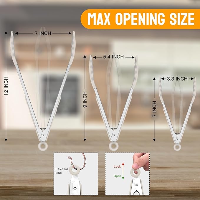 HOTEC Premium Stainless Steel Locking Kitchen Tongs with Silicon Tips, Set of 2-9" and 12",Khaki