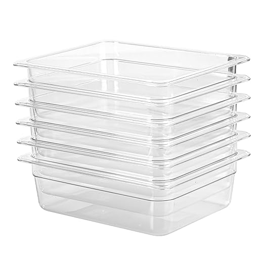 6-Pack 1/2 Size Clear Food Pan 4 Inch Deep Hotel Pan for Party and Catering BPA-free Polycarbonate Food Storage Container Stackable Freezer-safe