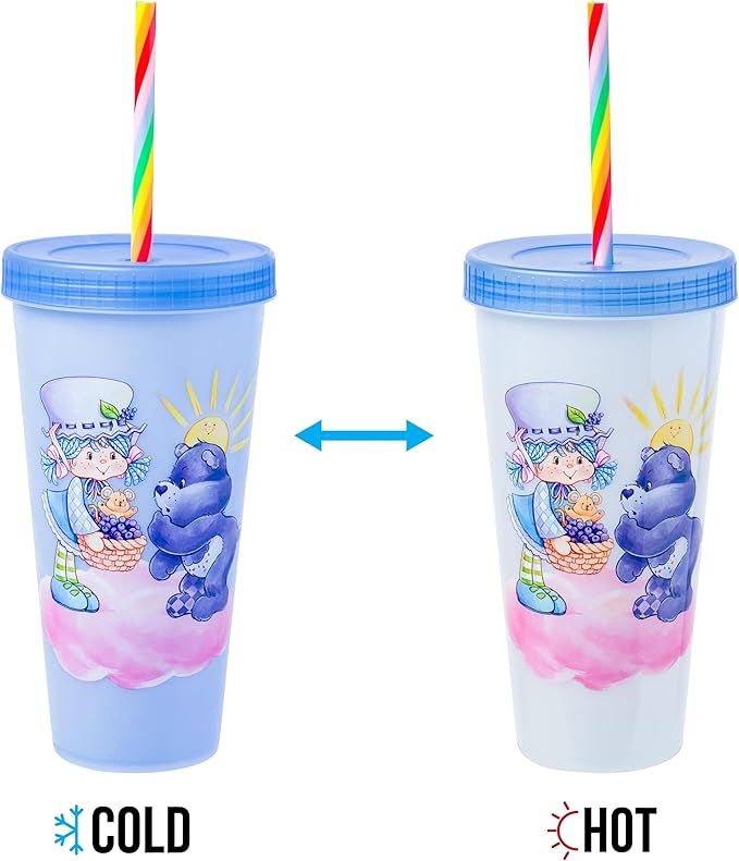 Silver Buffalo Care Bears Strawberry Shortcake Color Change Plastic Tumbler 4 Pack Featuring Orange Blossom Lemon Meringue Cheer Funshine Friend Blueberry Muffin Grumpy, 24 Ounces