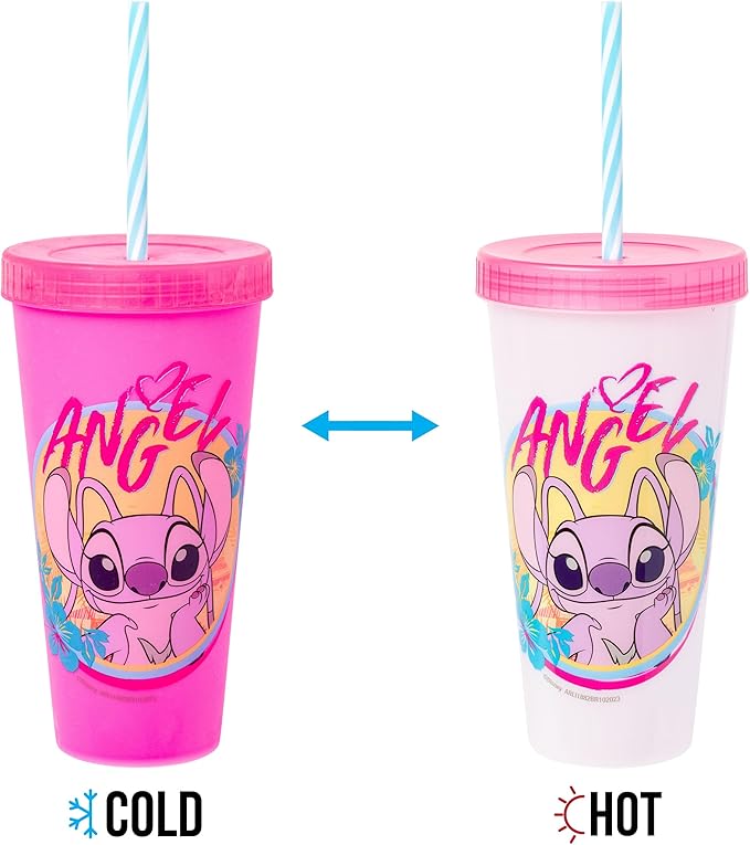 Silver Buffalo Disney Lilo and Stitch Tropical Character Poses 4 Pack Color Changing Plastic Tumbler with Lid and Reusable Straw, 24 Ounce