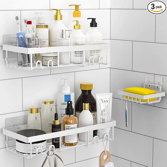 Moforoco 3-Pack Shower Caddy Basket Shelf with Soap Holder, No Drilling Traceless Adhesive Shower Wall Shelves, Rustproof White Bathroom Shower Storage Organizer