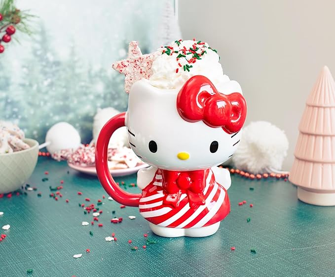 Silver Buffalo Sanrio Hello Kitty Christmas Holiday Candy Cane Dress 3D Sculpted Ceramic Mug, 20 Ounces