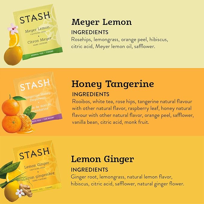 Stash Tea Bright Citrus Tea Sampler - Assortment of Caffeinated and Decaf Teas, Including Lemon Ginger, Meyer Lemon and Honey Tangerine Tea, 18-20 Count (Pack of 3)