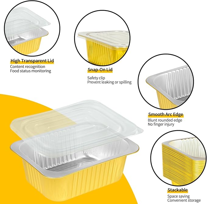 40 Pack 7.2"×5"×1.8" Gold Aluminum Foil Pans with Lids Heavy Duty, 1.5 LB Foil Food Containers with Lids, Disposable Tin Foil Pans for Baking, Meal Prep, Freezer, Heating and Takeout