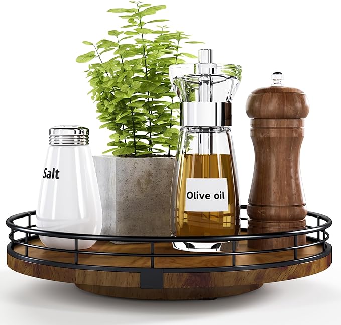 Farmhouse Oak 10" Lazy Susan Turntable Organizer for Cabinet, Round Wooden Lazy Susan Organization and Storage for Dining Table, Pantry, Kitchen, Countertop, Cupboard,Home Decor, Walnut Wood