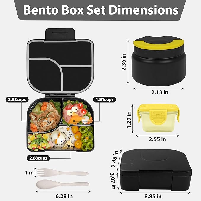 TinyPalsa Bento Box for Kids with 10oz Thermos, Durable Lunch Box with Leak Proof Insulated Food Jar, 3 Compartments with Portable Handle for Ages 3+, Dishwasher Safe, Ideal for School, Travel (Black)