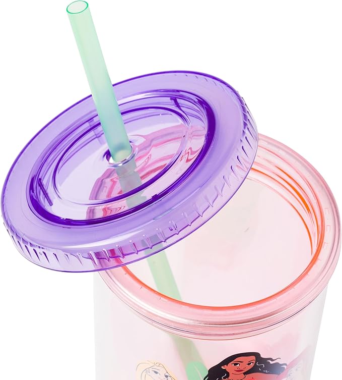 Silver Buffalo Disney Princess Featuring Moana, Rapunzel, Ariel, Tiana, Belle, and Cinderella Plastic Tall Cold Cup with Lid and Straw, 20 Ounces