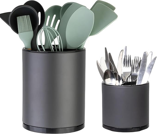 Kitchen Utensil Holder Extra Large Rotating For Counter Organizer Stainless Steel Storage Cooking Silverware Caddy 3 Compartment Flatware Spoon Spatula Tool Cutlery Container（2 Set Grey）