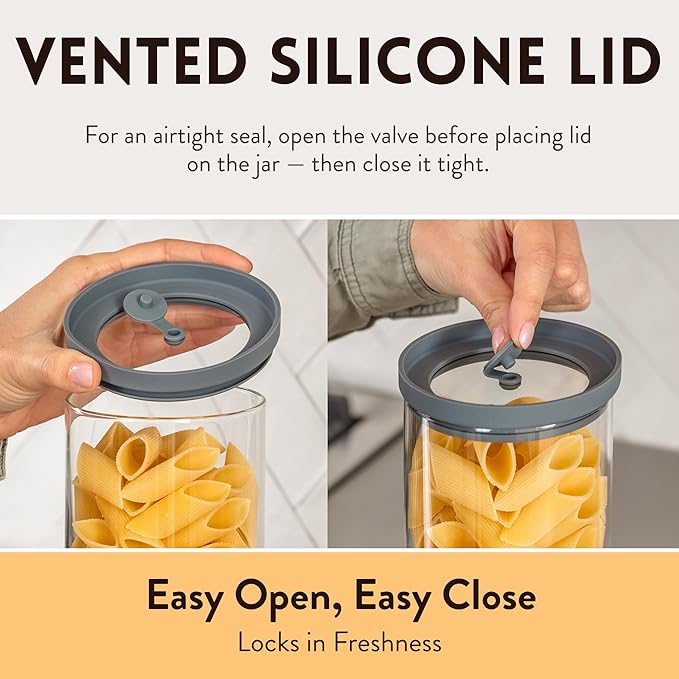 Glass Spaghetti Containers with Airtight Silicone Lids – BPA-Free Pantry Storage Jars for Pasta, Rice, Flour, and Dry Foods – Set of 3 with Portion Tool