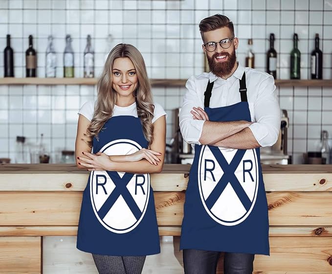 EKOBLA Traffic Sign Aprons Train Railroad Crossing Dark Blue White Waterproof Resistant Chef Cooking Kitchen BBQ Adjustable Aprons for Women Men 27x31 Inch