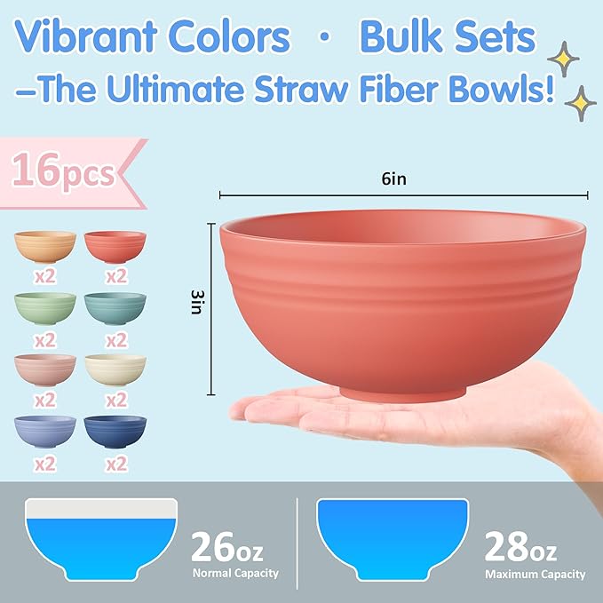 Quatish 16 PCS Unbreakable Cereal Bowls,Dishwasher & Microwave Safe Wheat Straw Bowls, Easy-to-Clean Lightweight Snack & Soup Bowl,Multi-Color Portable for Picnics Plastic Bowls Set, Multi