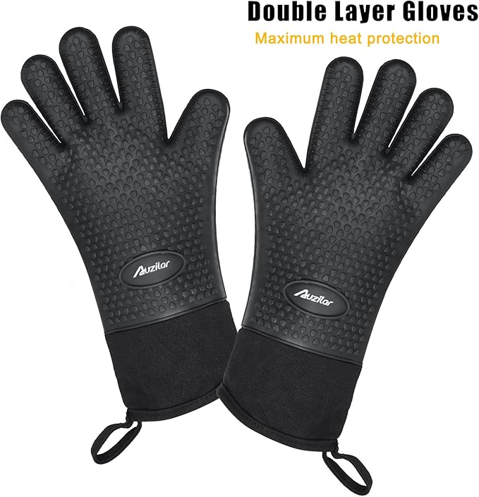 Silicone Cooking Gloves, Grilling Gloves, Heat Resistant Gloves BBQ Kitchen Silicone Oven Mitts, Long Waterproof Non-Slip Potholder for Barbecue, Cooking, Baking