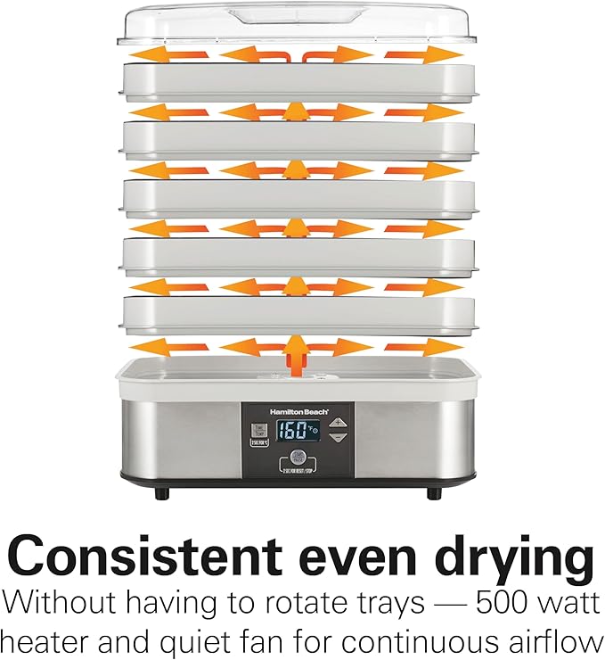 Hamilton Beach Digital Food Dehydrator for Fruit and Jerky, Vegetables and More, 5 Trays, Adjustable Temperature, 48 Hour Timer + Auto Shutoff, Grey (32100A)