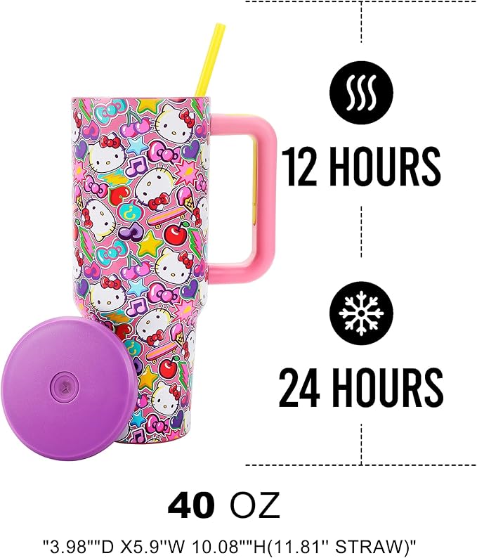 Bioworld Hello Kitty All-Over Print 40 Oz Stainless Steel Tumbler With Chunky Handle